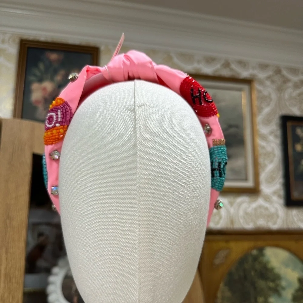 Pink Beaded Headband with Festive Holiday Ornaments